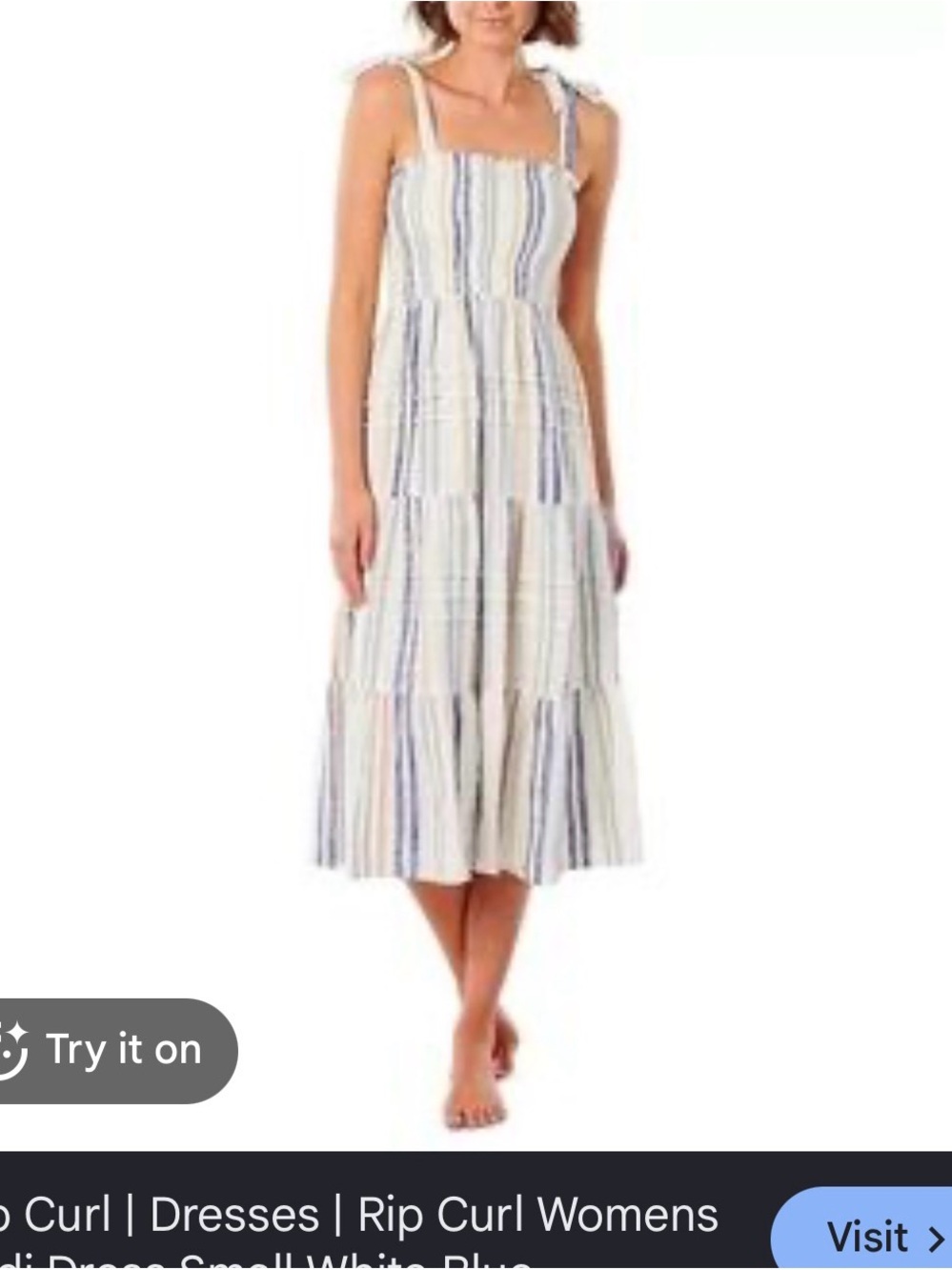 Rip Curl White and Blue Striped Tie-Shoulder Midi Sundress